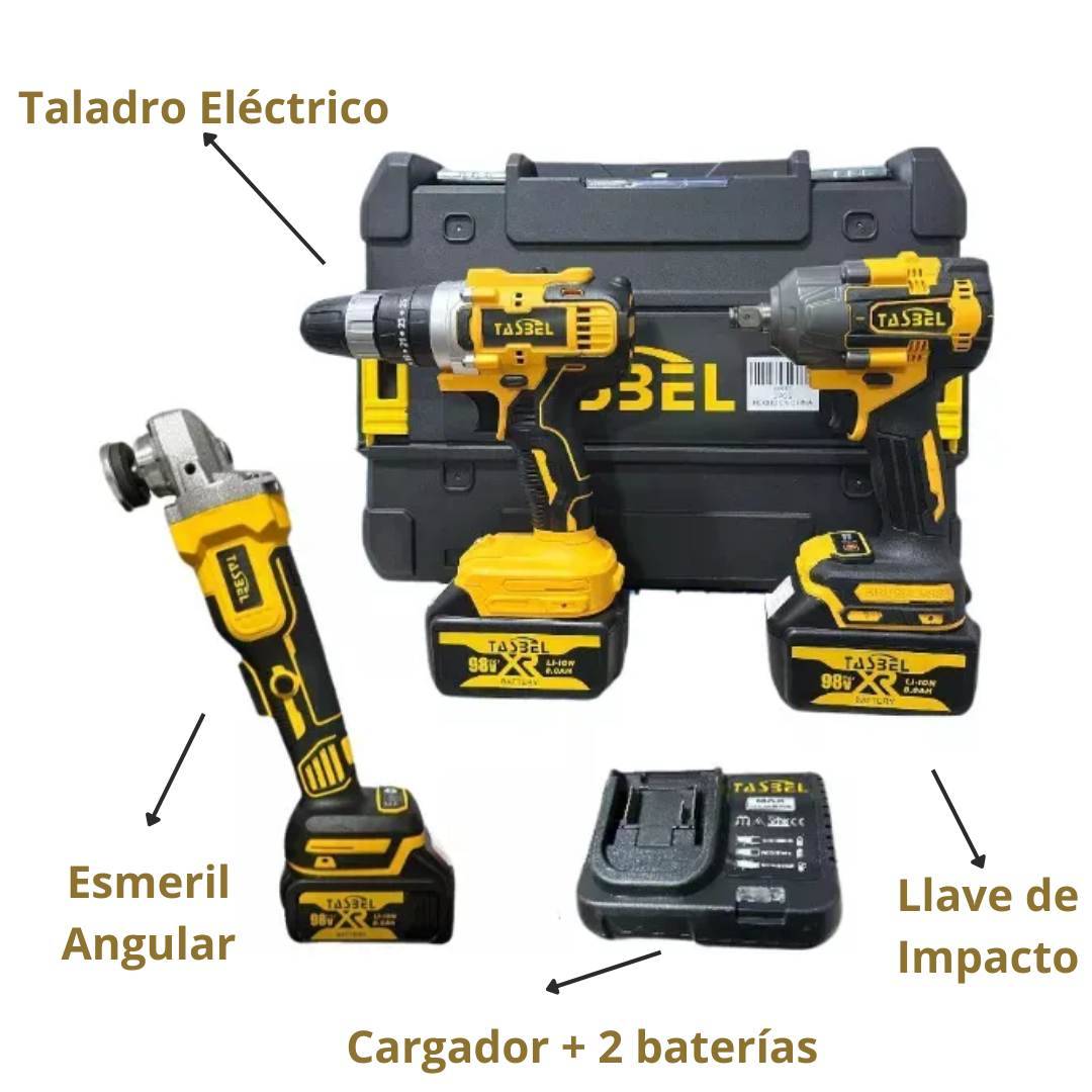 SET PROFESIONAL DE 3 HERRAMIENTAS TASBEL™ 98V | ⚡️ LLAVE DE IMPACTO, ESMERIL Y TALADRO