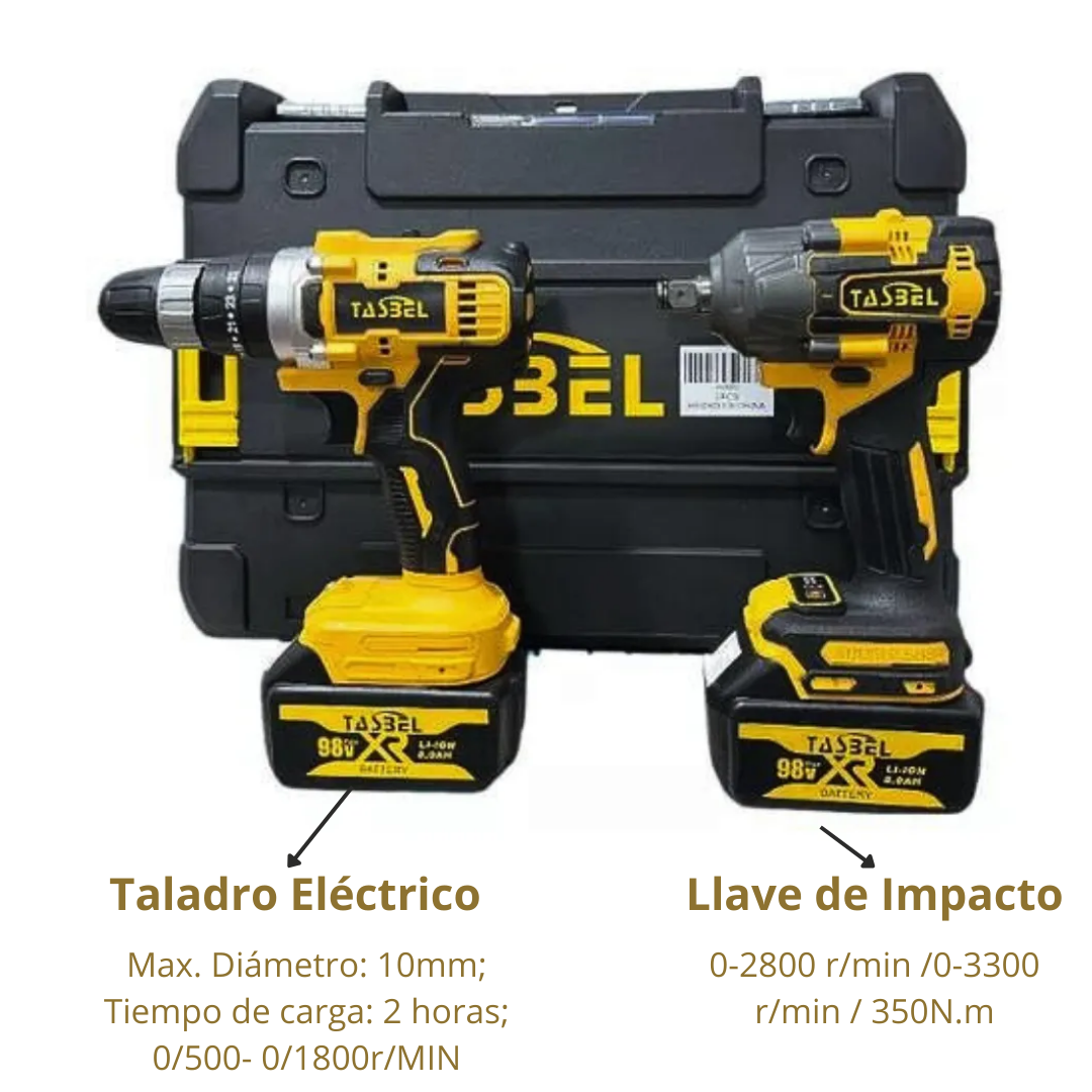 SET PROFESIONAL DE 3 HERRAMIENTAS TASBEL™ 98V | ⚡️ LLAVE DE IMPACTO, ESMERIL Y TALADRO