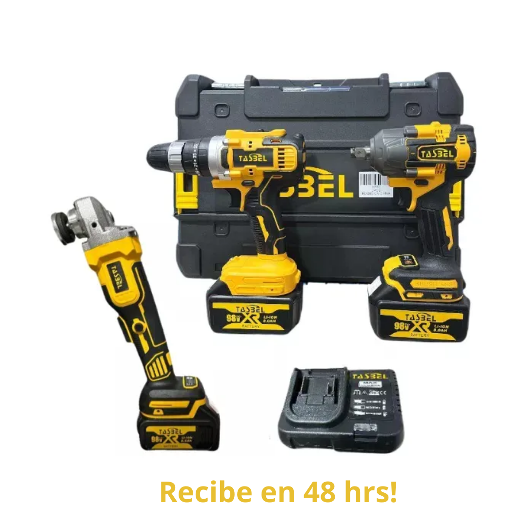 SET PROFESIONAL DE 3 HERRAMIENTAS TASBEL™ 98V | ⚡️ LLAVE DE IMPACTO, ESMERIL Y TALADRO